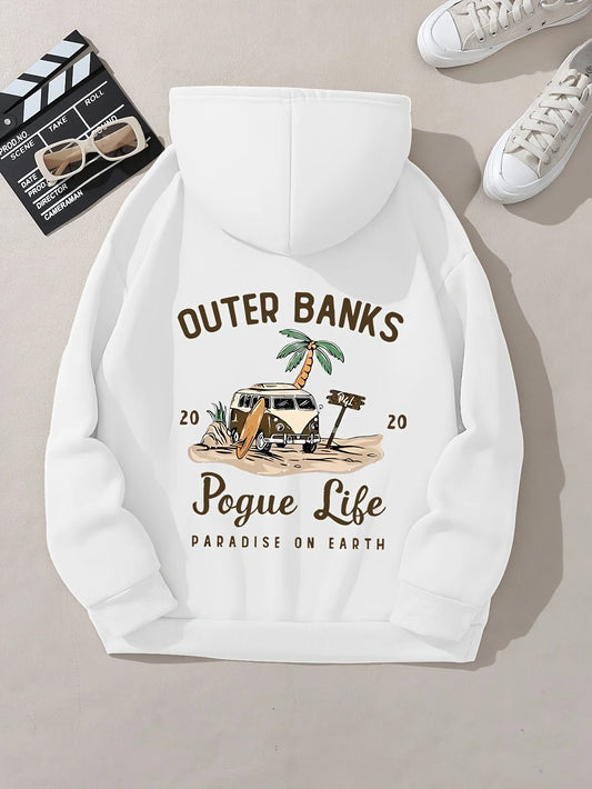Cozy Hoodie Women's Casual Hoodie  Outer Banks Pogue Life Letter Print  Beach Graphic Kangaroo Pocket Cozy Autumn Apparel Trendy