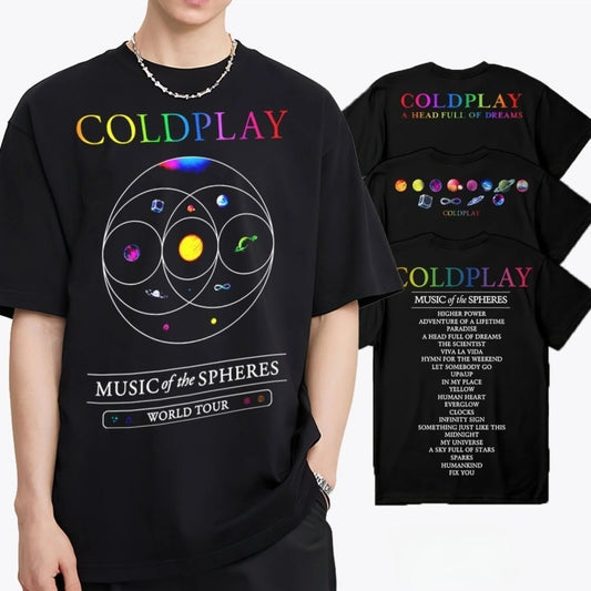 Cold-play Music of The Spheres World Tour 2025 Tshirts Cotton Tees Heavy Mental Fashion Graphic T-shirt Short Sleeve Unisex Tops