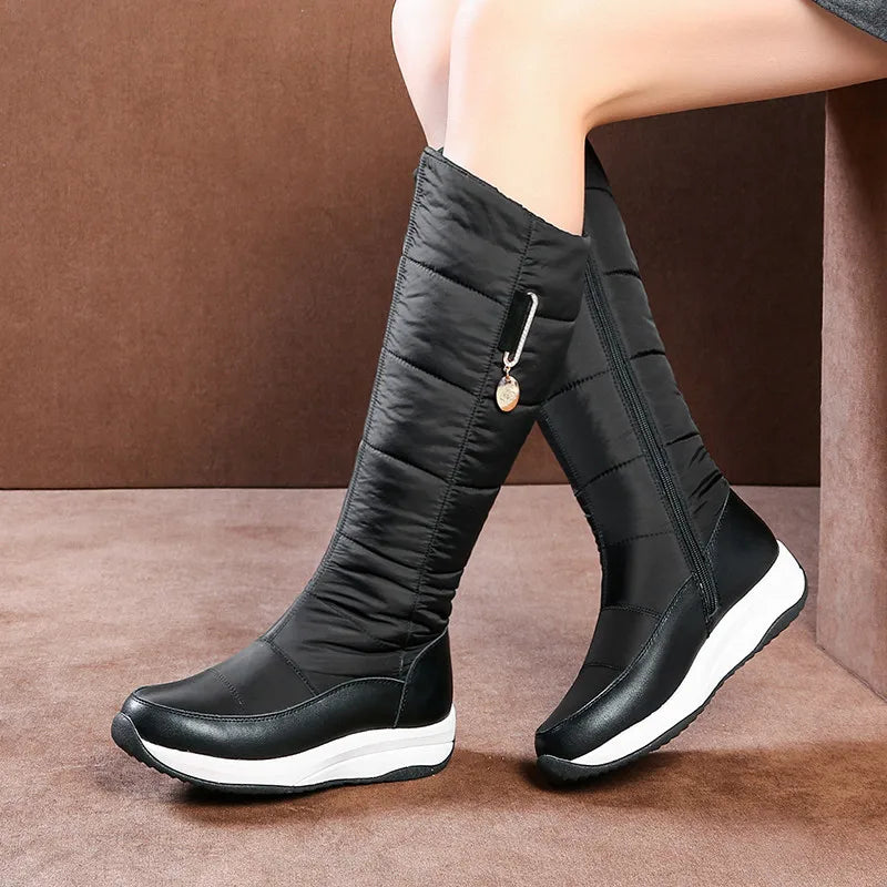 2025  Women Snow Boots Waterproof Down Plush Genuine Leather Red White Casual Travel Ladies Flat Heels Platform Knee High Boots