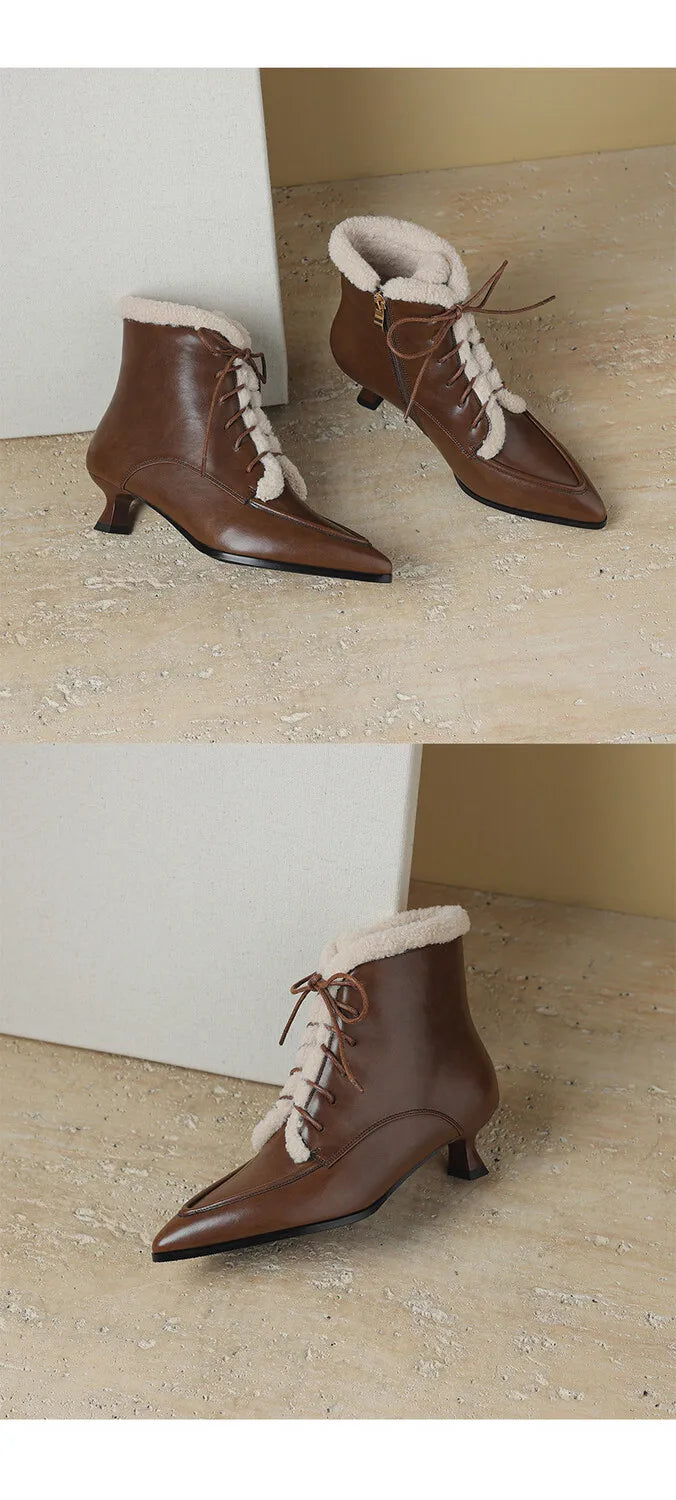 NEW Winter Women Shoes Split Leather Shoes for Women Pointed Toe Kitten Heel Shoes Elegant Modern Boots Wool Blend Ankle Boots