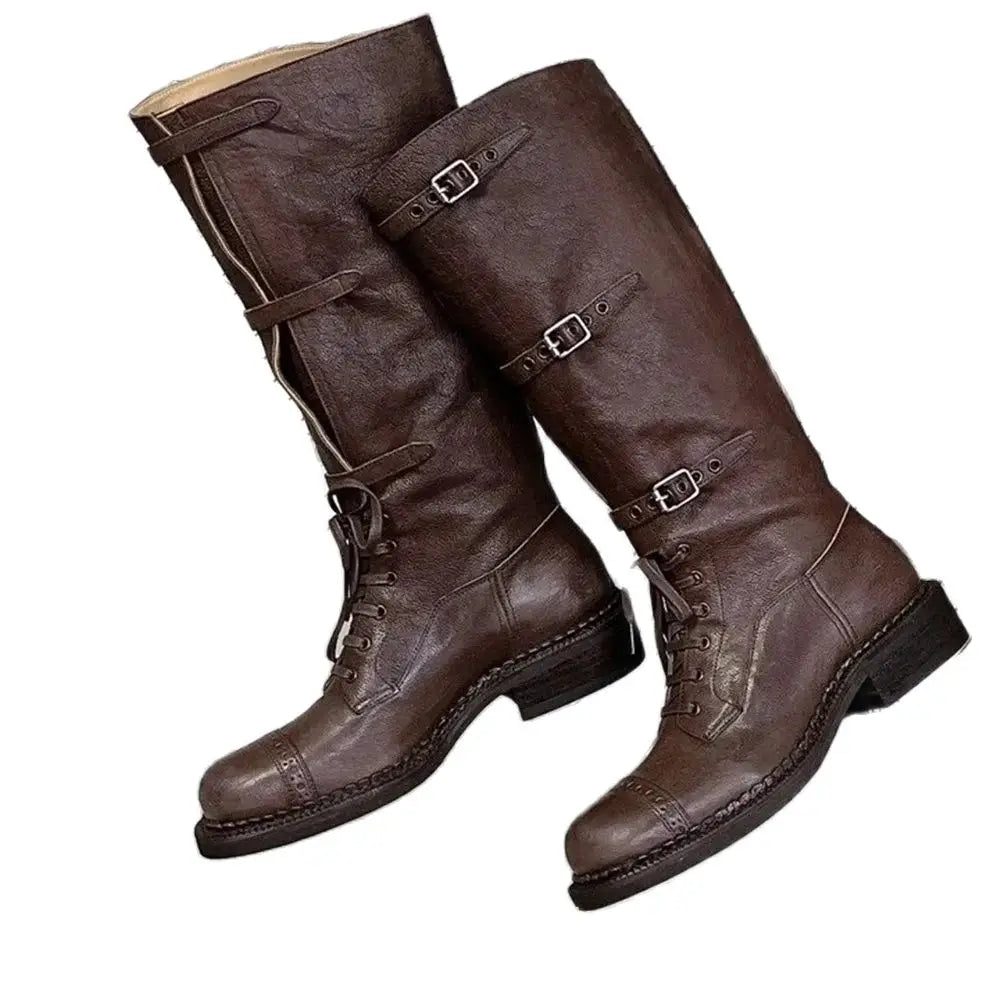 Genuine Leather Ladies Knight Boots 2025 Autumn Belt Buckle Model Catwalk Casual Long Boots Black/brown Thick Heel Casual Boots