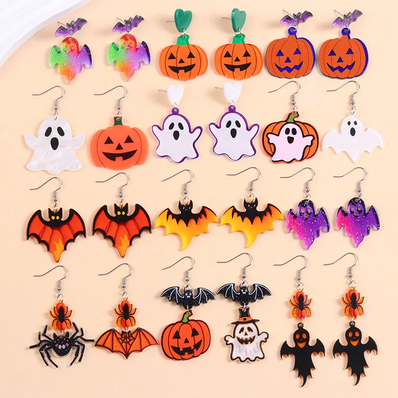 2025 New Colorful Bat Ghost Halloween Earrings For Women Hallowmas Costume Cosplay Cartoon Pumpkins Spider Acrylic Drop Earring