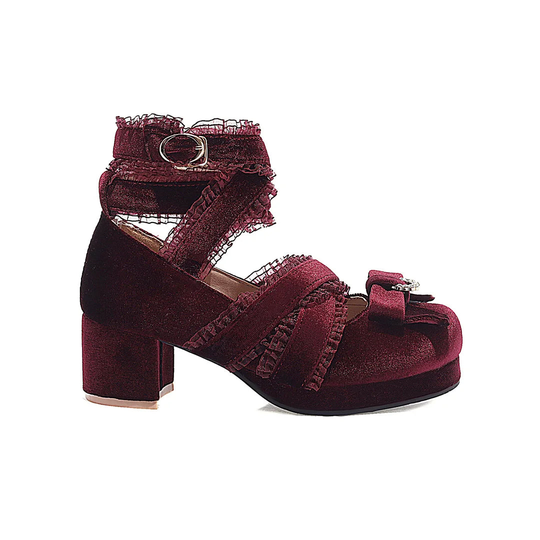 JK Fairy Lolita Shoes Flock Gold Velvet Bow Platform Mary Jane Cross Strap Pumps Gladiator Cosplay Party Red Green Black