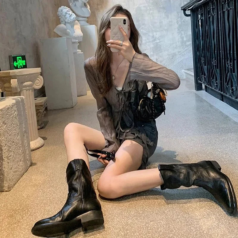 New Fashion Boots for Women Spring/Autumn Square Heel Female Mid-Calf Boots Ladies Slip-On Pointed Toe WESTERN Boots Women