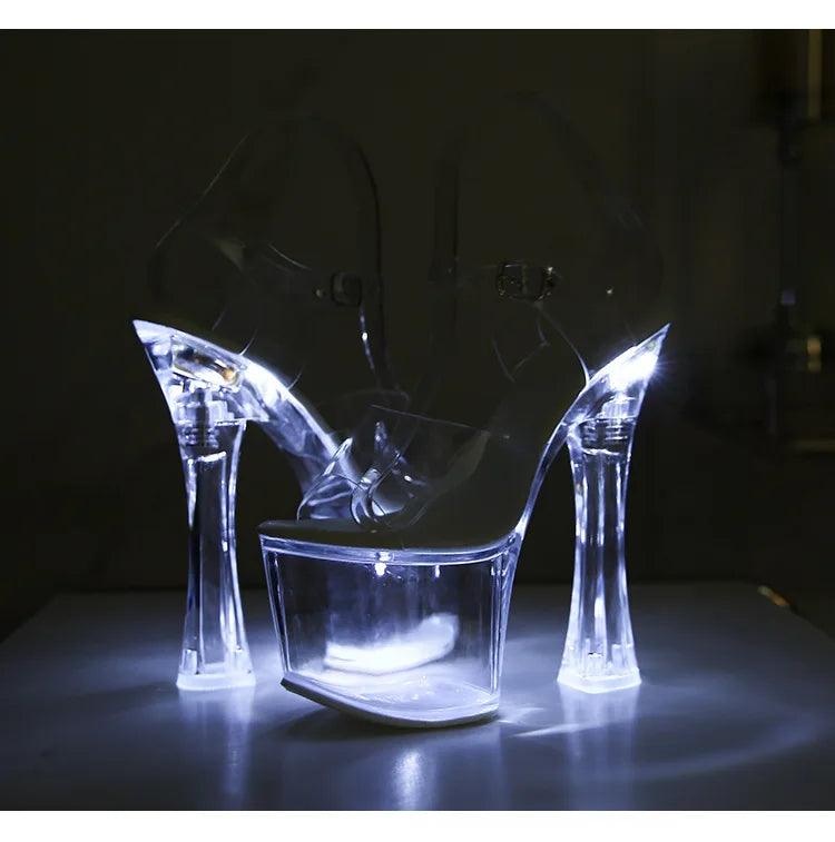 17.5CM Extreme High Heels Glowing Platform Clear Heels Nightclub Sandals For Women Transparent PVC Fashion Model Catwalk Shoes