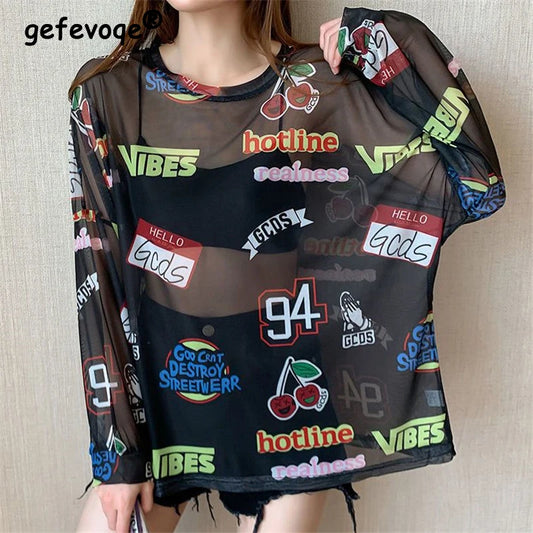 Women Letter Graphic Print Sexy Sheer Mesh Harajuku Y2K T Shirt Summer Trendy Long Sleeve Thin Tees Casual Streetwear Tops Ropa