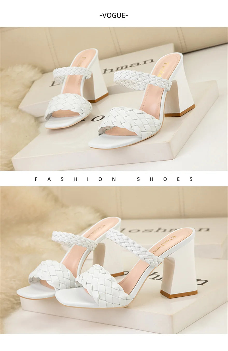 Fashion Weave Thick Heel Women's Slippers Square Toe Summer Casual Ladies Slides Red Orange Shoes Slip On Beach Sexy Pumps Woman