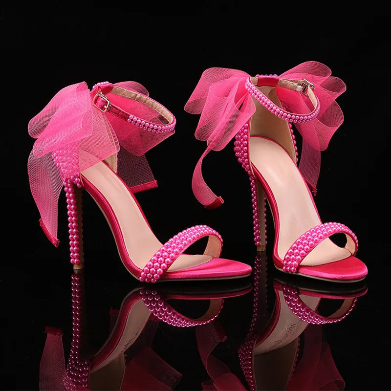 Summer New brand Fashion Bowknot Beading Women Gladiator Sandals Luxury Pearls White thin High heels Wedding Bridal Party Shoes