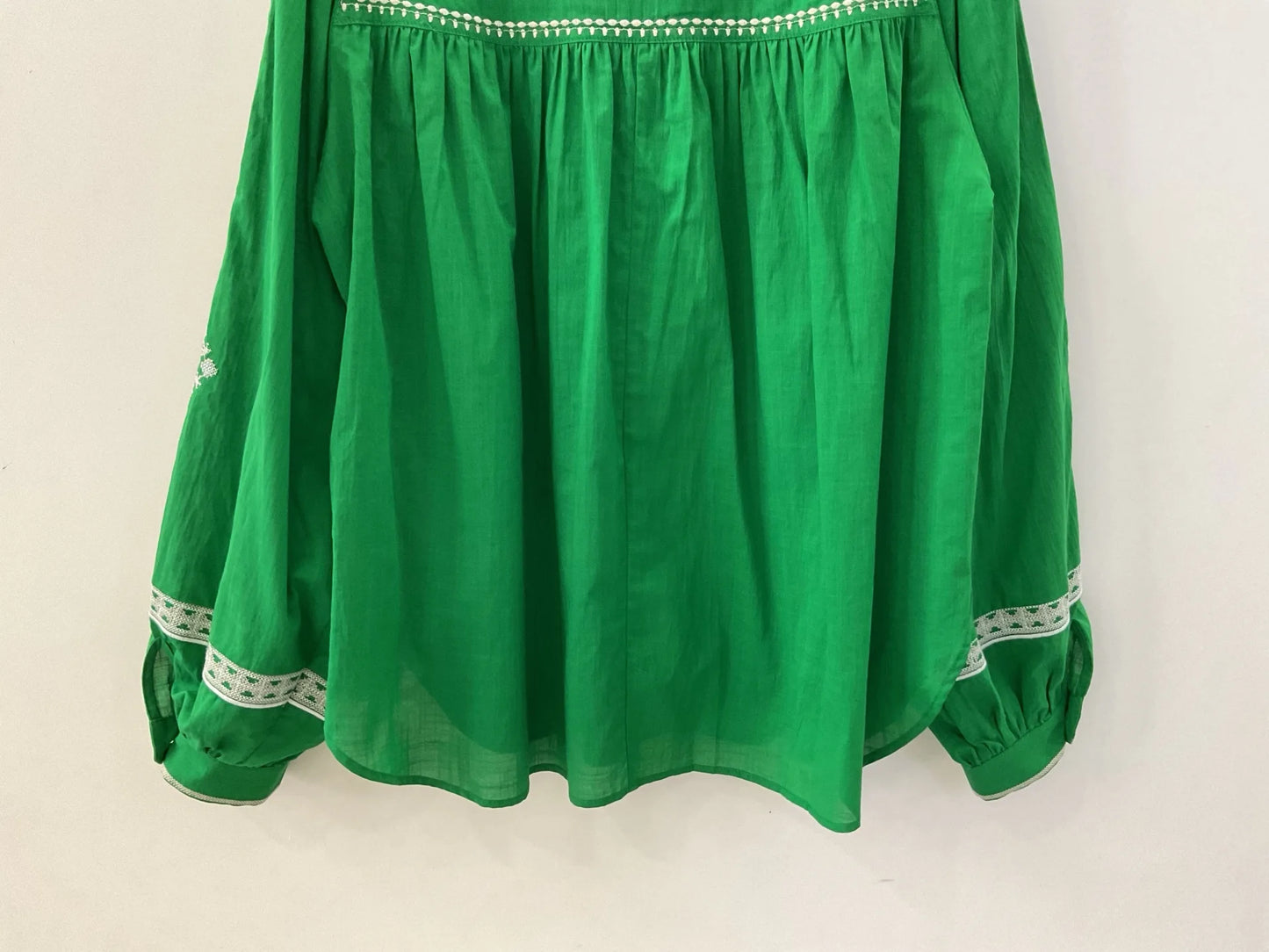 Women White Green Black Shirt Embroidery 100% Cotton Vintage Long Lantern Sleeve Front Buttons Lady O-neck Blouse 2025 Spring