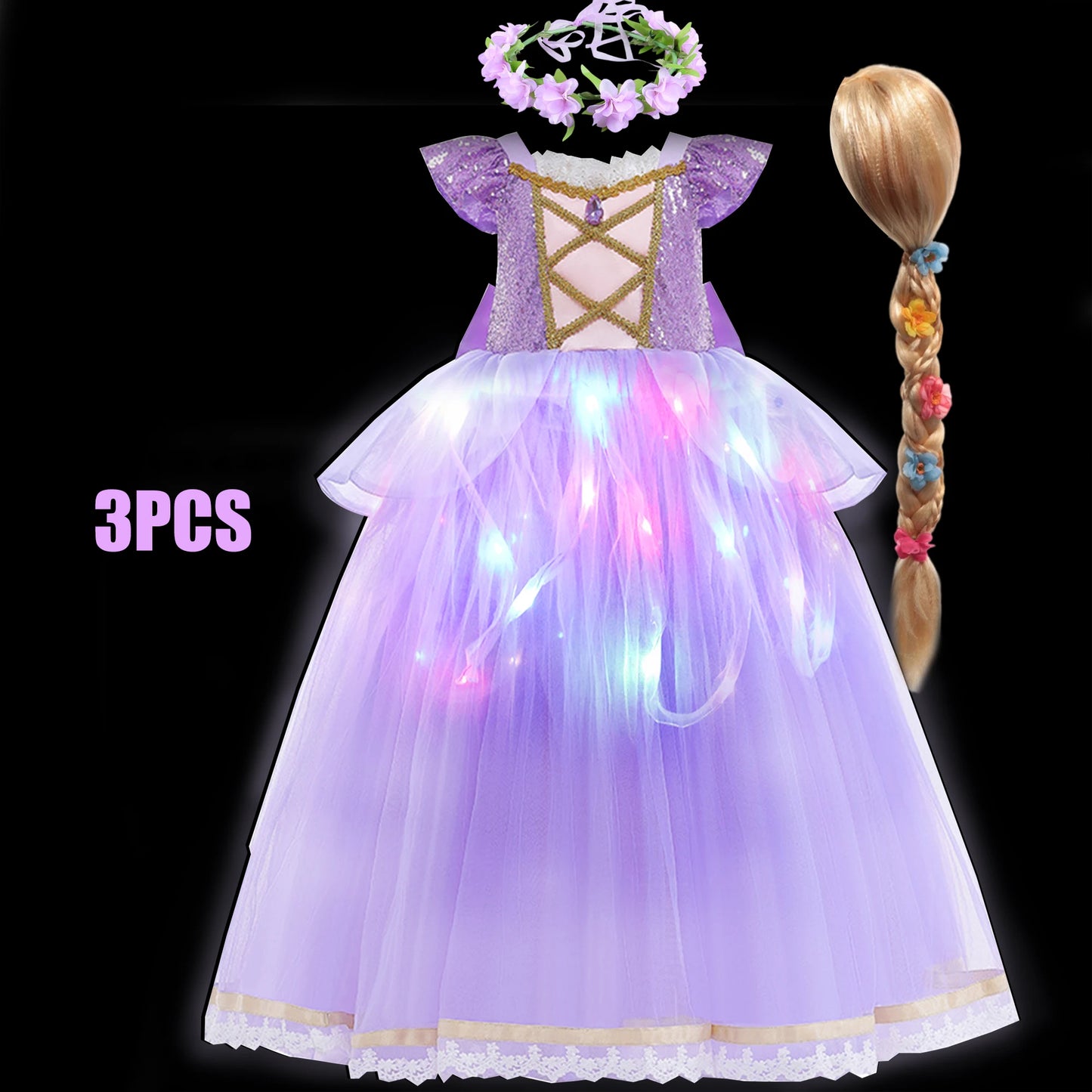 Girls Princess Costume Purple Rapunzel LED Light Up 2PCS Dress Fancy Birthday Carnival Party Elegant Children Clothing Halloween