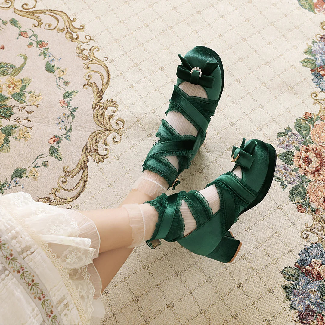 JK Fairy Lolita Shoes Flock Gold Velvet Bow Platform Mary Jane Cross Strap Pumps Gladiator Cosplay Party Red Green Black