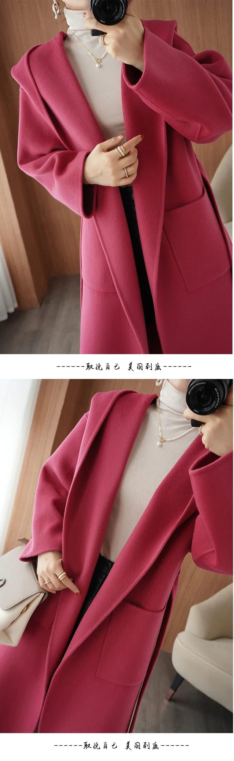 2024 Mid-Length Autumn and Winter Hooded Double Sided Cotton Cashmere Coat Female 100% Wool Loose Thick Woolen Coat