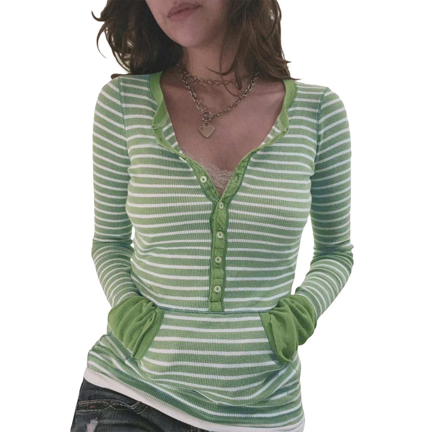Women Autumn Tops Long Sleeve Button Neck Stripe Knit Shirts Y2K Aesthetic T-shirt 2000s Casual Gothic Grunge Tops