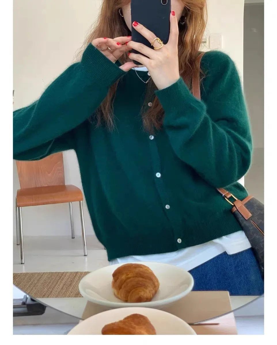 100% pure cashmere cardigan women's new autumn and winter round neck sweater loose Korean knitted sweater short coat