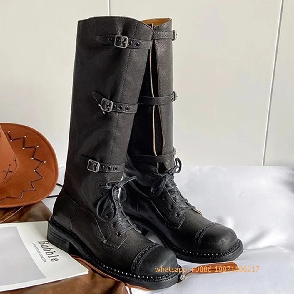Genuine Leather Ladies Knight Boots 2025 Autumn Belt Buckle Model Catwalk Casual Long Boots Black/brown Thick Heel Casual Boots