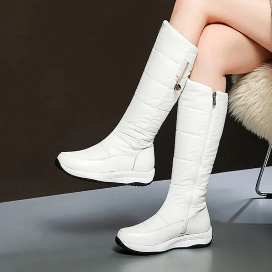 2025  Women Snow Boots Waterproof Down Plush Genuine Leather Red White Casual Travel Ladies Flat Heels Platform Knee High Boots