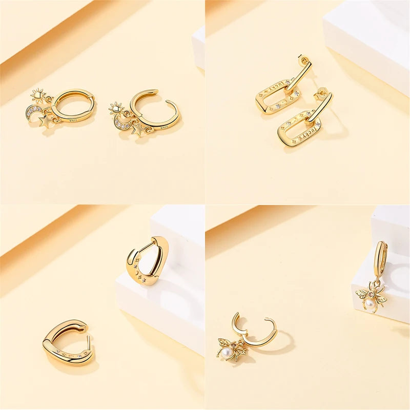 New in 925 Silver Color Gold Pearl Bee Irregularity Star Moon Earrings For Women 2024 Trending Fashion Jewelry Birthday Gifts