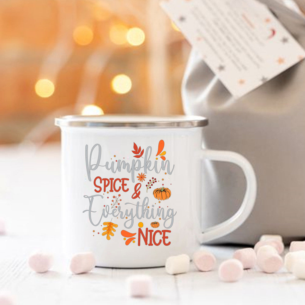 Pumpkin Spice and Everything Nice Enamel Mug Halloween Camping Mug Autumn Home Decor Fall Coffee Mug Festive Gifts for Kids