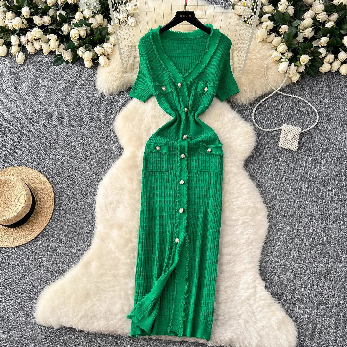 YuooMuoo Women Dress Elegant V-neck Slim Waist Wrap Hips Bodycon Sweater Dress Chic Single-breasted Office Lady Long Shirt Dress