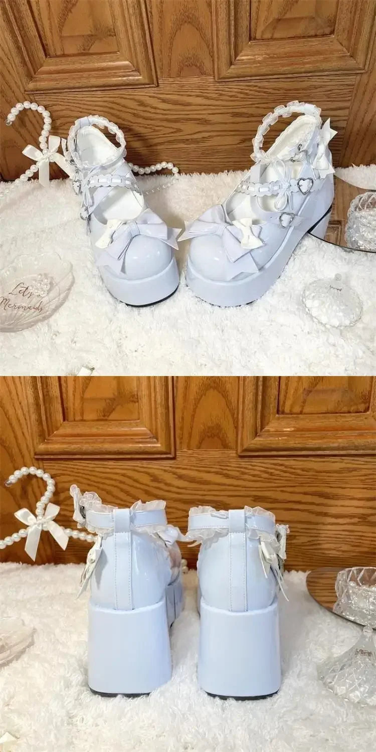 Lace Bowknot White Lolita Shoes for Women 2025 Heart Buckle Platform Mary Janes Woman Japanese Style Patent Leather Jk Shoes