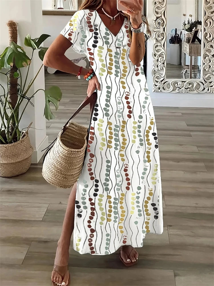 New 2025 Summer Women's Dresses Patchwork Geometric Printing Casual Temperament Dresses Fashion Beach Short Sleeve Dresses