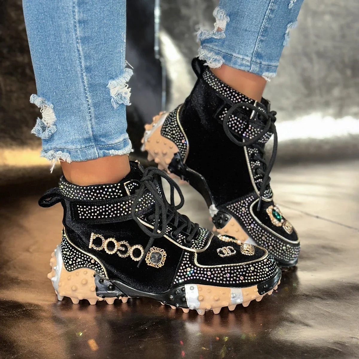 Women Casual Sneakers Luxury Designer Boots Rhinestone Suede High-Top Thick Bottom Shoes Female Tennis Outdoors Walking Shoes