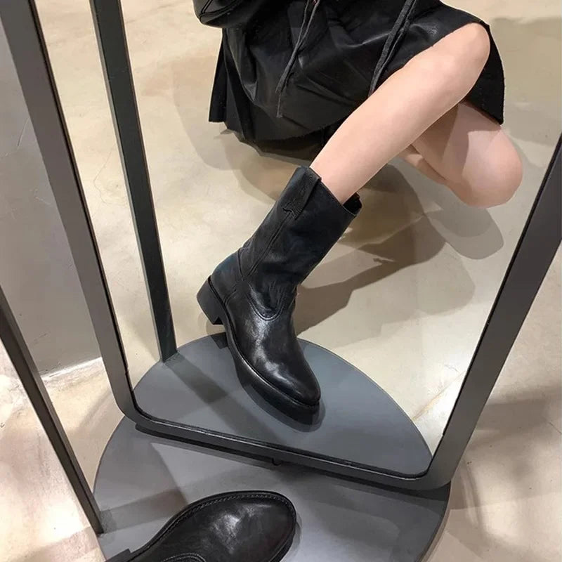 New Fashion Boots for Women Spring/Autumn Square Heel Female Mid-Calf Boots Ladies Slip-On Pointed Toe WESTERN Boots Women