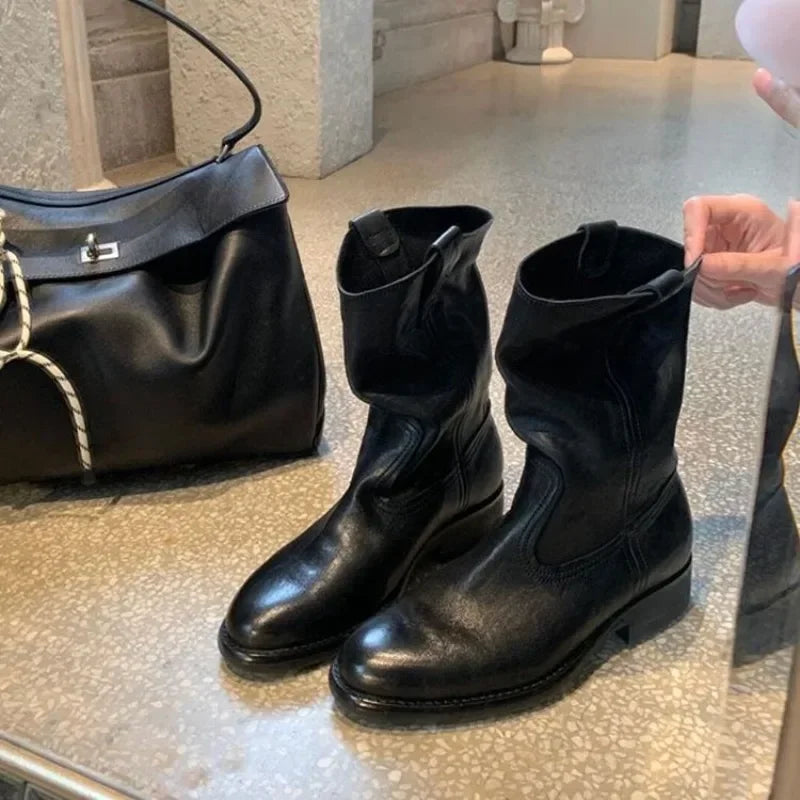 New Fashion Boots for Women Spring/Autumn Square Heel Female Mid-Calf Boots Ladies Slip-On Pointed Toe WESTERN Boots Women