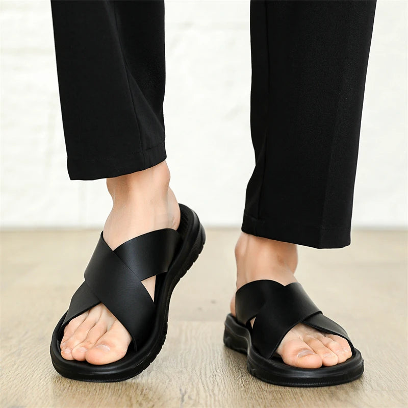 YRZL Men Casual Sandals Lightweight Comfortable PU Leather Summer Slippers Non Slip Outdoor Shoes for Beach Walking Flip Flops