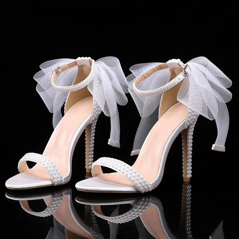 Summer New brand Fashion Bowknot Beading Women Gladiator Sandals Luxury Pearls White thin High heels Wedding Bridal Party Shoes