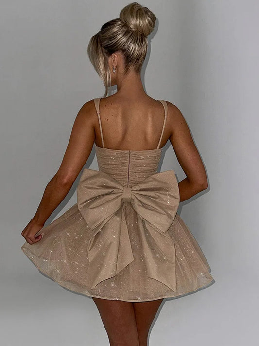 Articat Sexy Mesh Spaghetti Strap Double-layer Short For Women Elegant Sleeveless Backless Tight Shiny Bow Evening Dress 2025