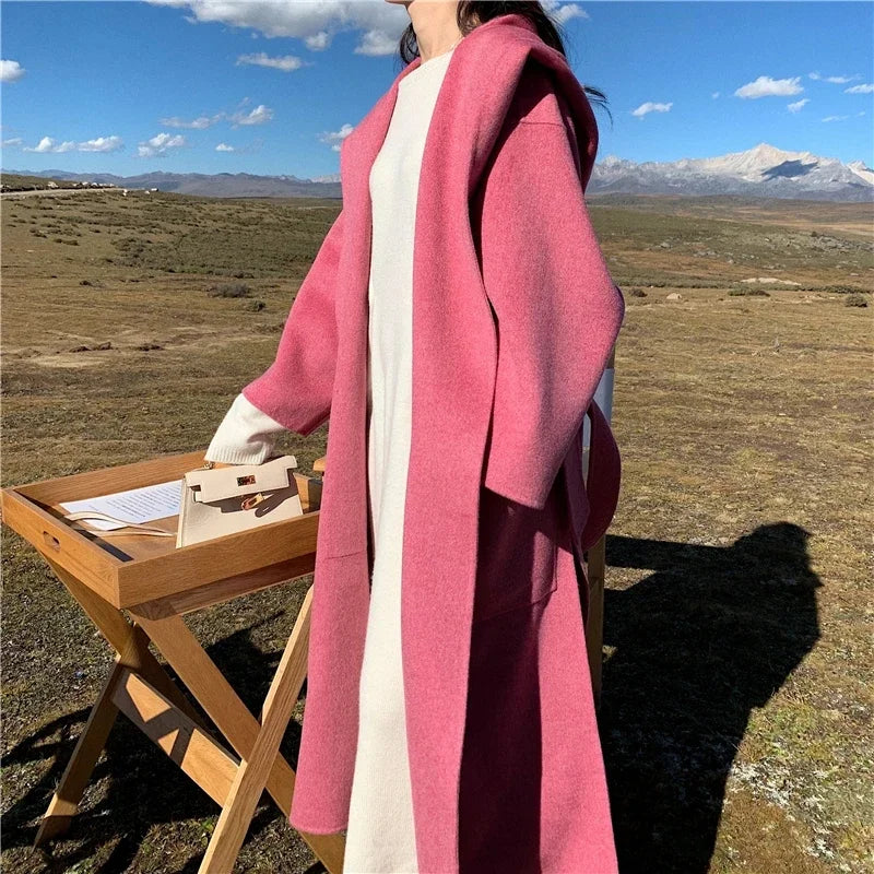 2024 Mid-Length Autumn and Winter Hooded Double Sided Cotton Cashmere Coat Female 100% Wool Loose Thick Woolen Coat