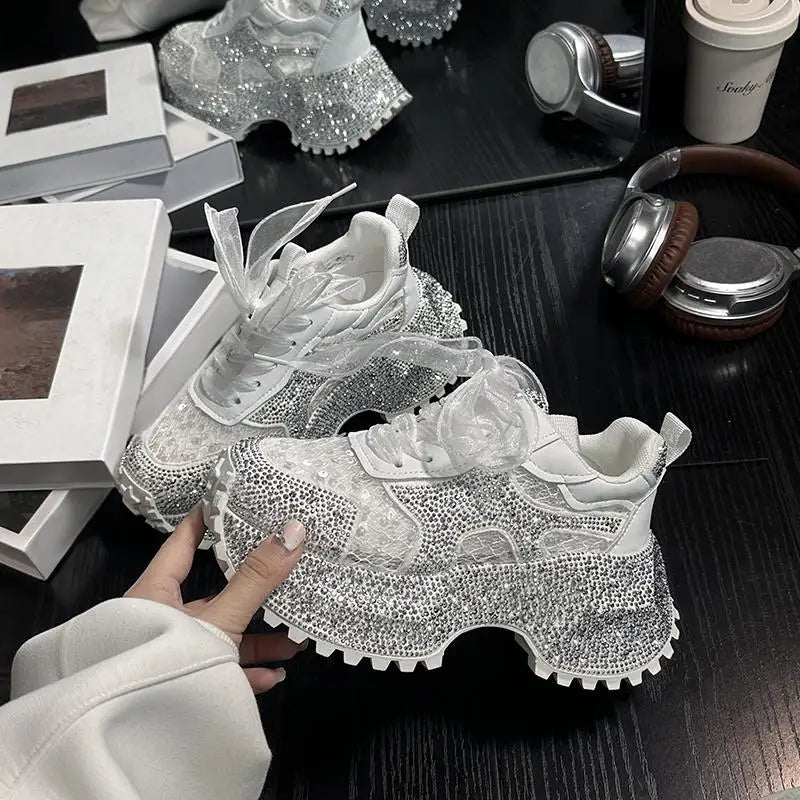 Leisure Sneakers Lace Up Breathable Platform Women Pumps High Heel Round Toe Solid Color Daily Diamonds Bowknot Comfortable