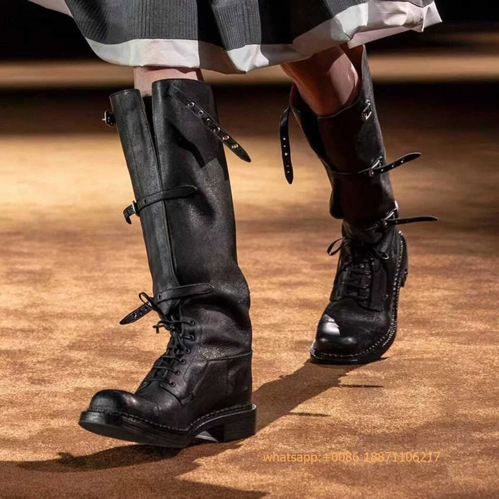 Genuine Leather Ladies Knight Boots 2025 Autumn Belt Buckle Model Catwalk Casual Long Boots Black/brown Thick Heel Casual Boots