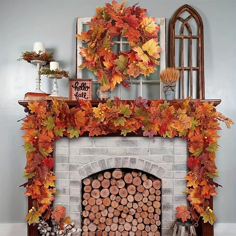 2M Artificial Fall Maple Leaf Garland Fake Plants Autumn Decor Leaves Vine for Thanksgiving Halloween Christmas Wedding Decora