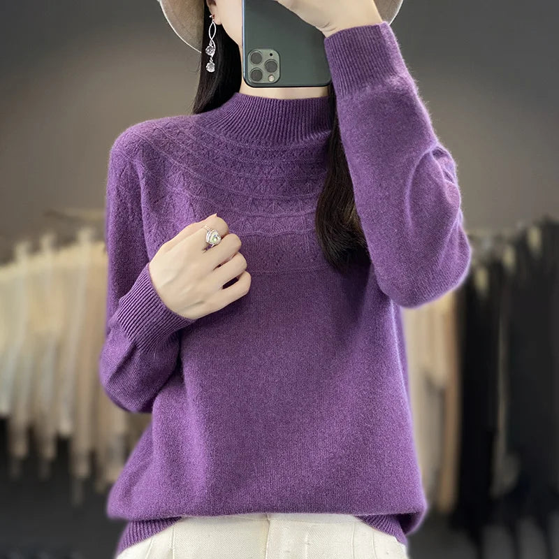2024 New Line Of Garment Hollowed Out Half Height Women's High-grade Woolen Sweater 100% Pure Wool Multi-color Option WQ
