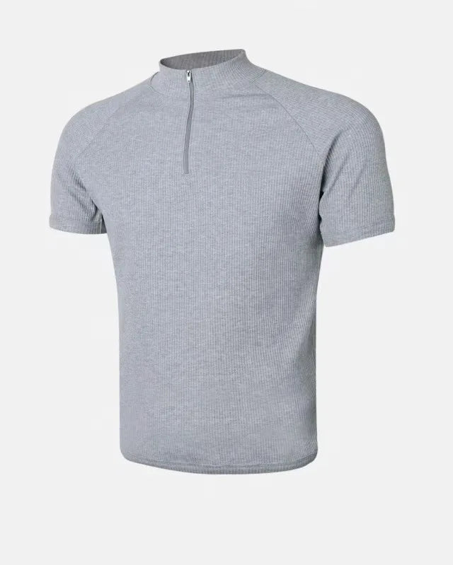 Summer New Men's Sportswear Casual Running And Fitness Stretch Solid Color Zipper Simple Striped Thick Short-sleeved T-shirt