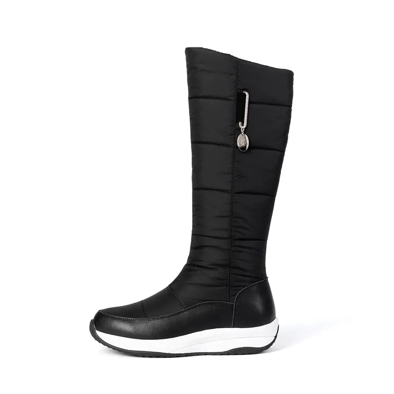 2025  Women Snow Boots Waterproof Down Plush Genuine Leather Red White Casual Travel Ladies Flat Heels Platform Knee High Boots