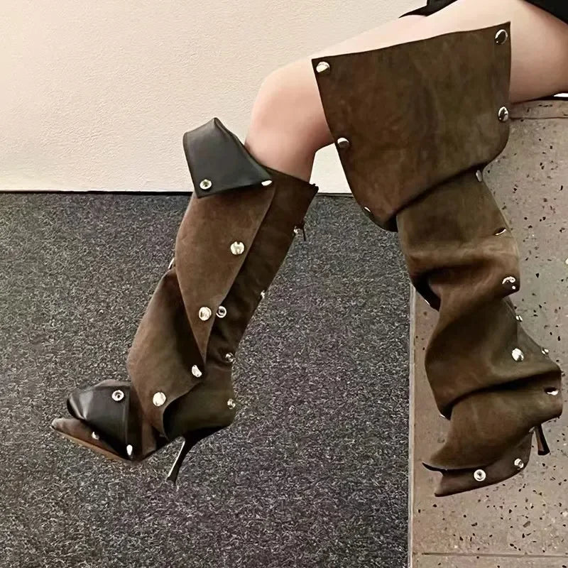 2024 Metal Buckle Detachable Denim Boots 10cm High Heel Boots 35-45 Internet Red Model Fashion Walking Red Carpet Thigh Boots