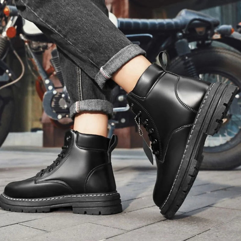2025*High Top Boots Men's Leather Shoes Fashion Motorcycle Ankle Boots for Men Winter Boots Man Shoes Lace-Up Botas Hombre