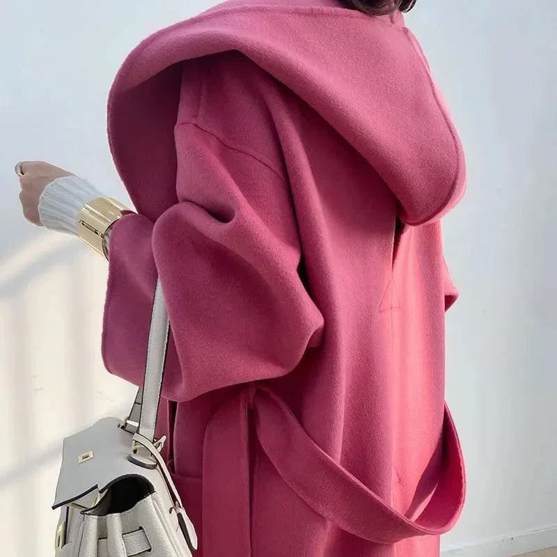 2024 Mid-Length Autumn and Winter Hooded Double Sided Cotton Cashmere Coat Female 100% Wool Loose Thick Woolen Coat
