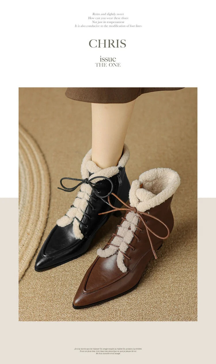 NEW Winter Women Shoes Split Leather Shoes for Women Pointed Toe Kitten Heel Shoes Elegant Modern Boots Wool Blend Ankle Boots