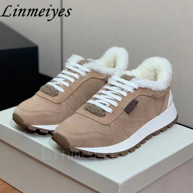 Casual Fur Sneakers Women Outdoors Run Shoes Round Toe Lace Up String Bead Flat Shoes Female Winter Wool Warm Sports Shoes Woman
