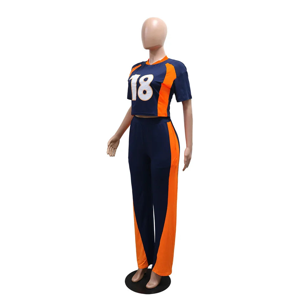 Contrast Color Jersey Tracksuit Set Women Streetwear Short Sleeve Sweatshirt Top and Pants Suit 2025 Chic 2 Piece Sets Outfits