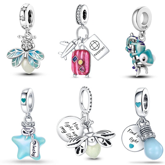 Hot Sale 925 Sterling Silver Charm Beads Glowing Luminous Firefly Star Light Bulb Pendant for Bracelet DIY Charms Jewelry
