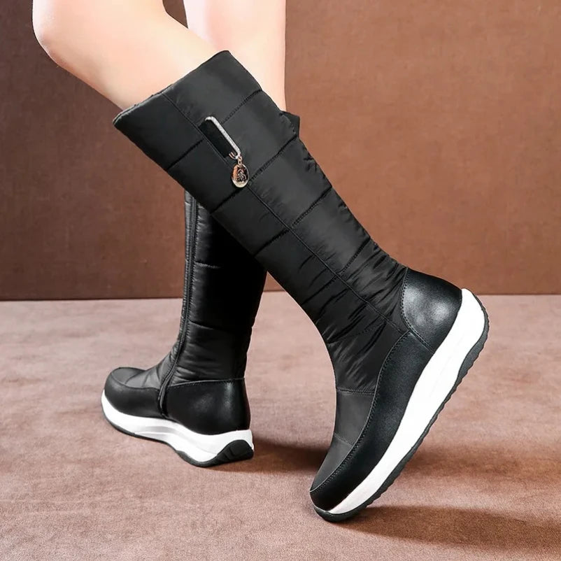 2025  Women Snow Boots Waterproof Down Plush Genuine Leather Red White Casual Travel Ladies Flat Heels Platform Knee High Boots