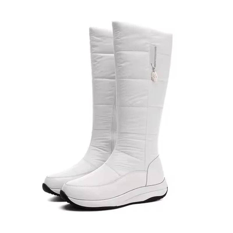 2025  Women Snow Boots Waterproof Down Plush Genuine Leather Red White Casual Travel Ladies Flat Heels Platform Knee High Boots