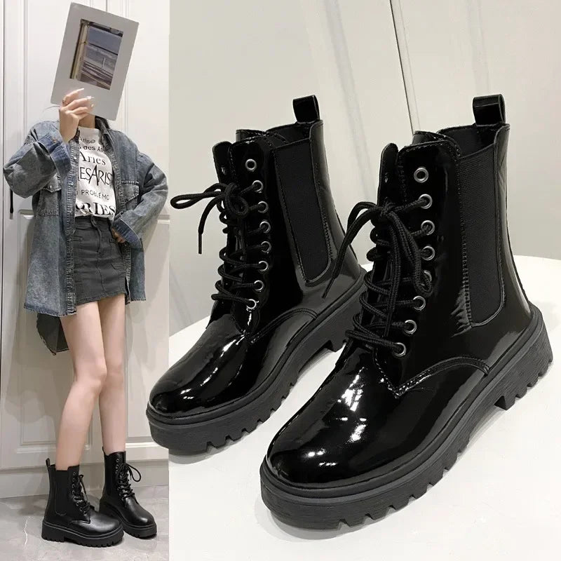 Women 2025Autumn New Tooling Boots Lady Anti Slip Waterproof Lace Up Short Boots Students Casual Thick Heel Knight Boots
