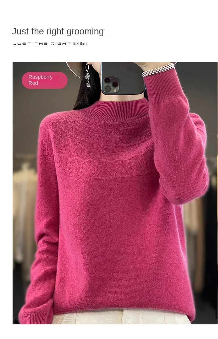 2024 New Line Of Garment Hollowed Out Half Height Women's High-grade Woolen Sweater 100% Pure Wool Multi-color Option WQ