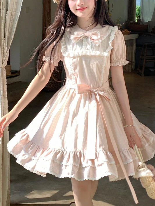 Summer Sweet Pink Puff Sleeve Bow Dress Women's Design Casual New Patchwork Dresses Elegant New Fashion A-line Short Dresses